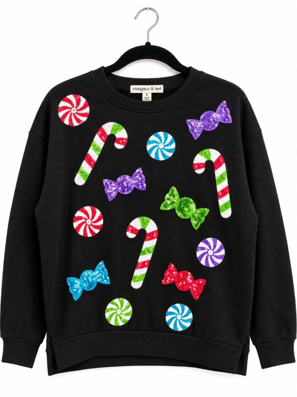 Margaux & Lexi Sequin Candy Christmas Sweatshirt Black Small